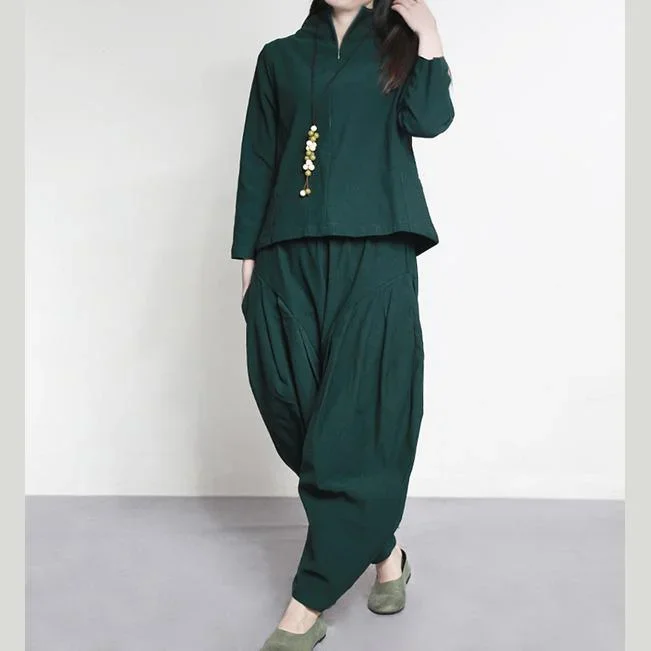 2024 fall green casual solid casual tops with vintage wrinkled wide leg pants