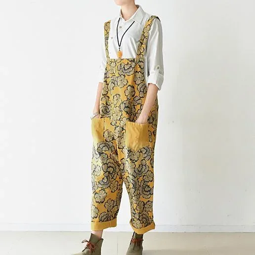 2024 loose spring yellow jumptsuit strapped pants casual floral style cotton clothing