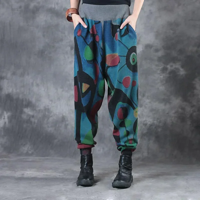 2024 new cartoon print casual knit pants loose elastic waist harem pants