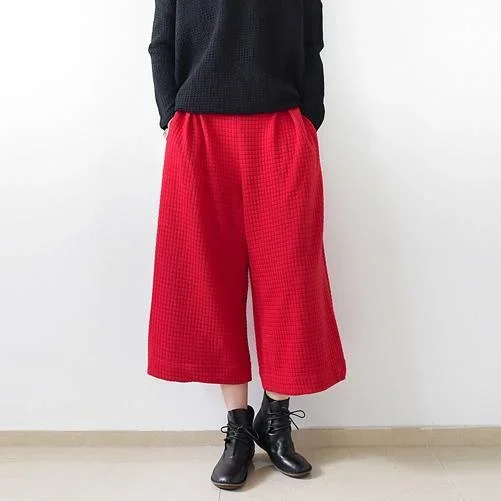 2024 red casual cotton women pants loose elastic waist wide leg pants