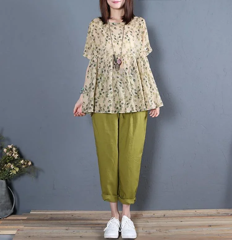 2024 green women linen straight pants elastic waist trousers