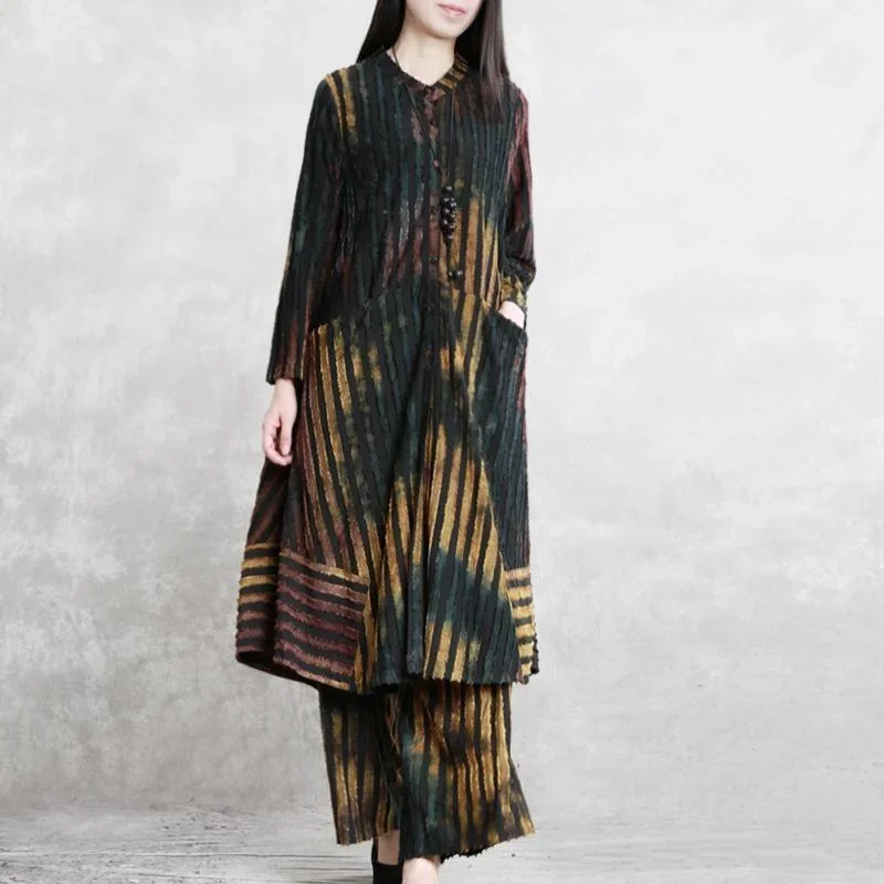 2024 new twi pieces striped Jacquard cotton blended long shitrt and casual wide leg pants