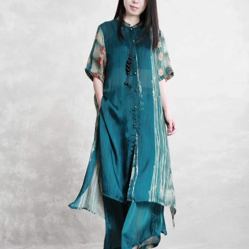 2024 summer new light and loose silky suit dark green printed micro-transparent top + casual wide-leg pants