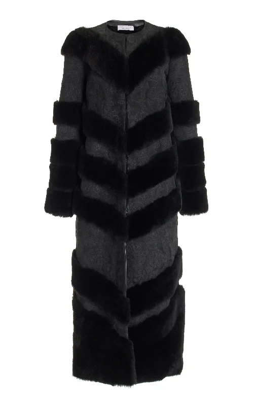 Hugh Embroidered Coat in Black Suede with Shearling