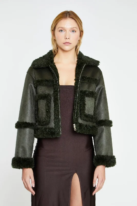 Dark-Green Cropped Shearling Trim -Jacket