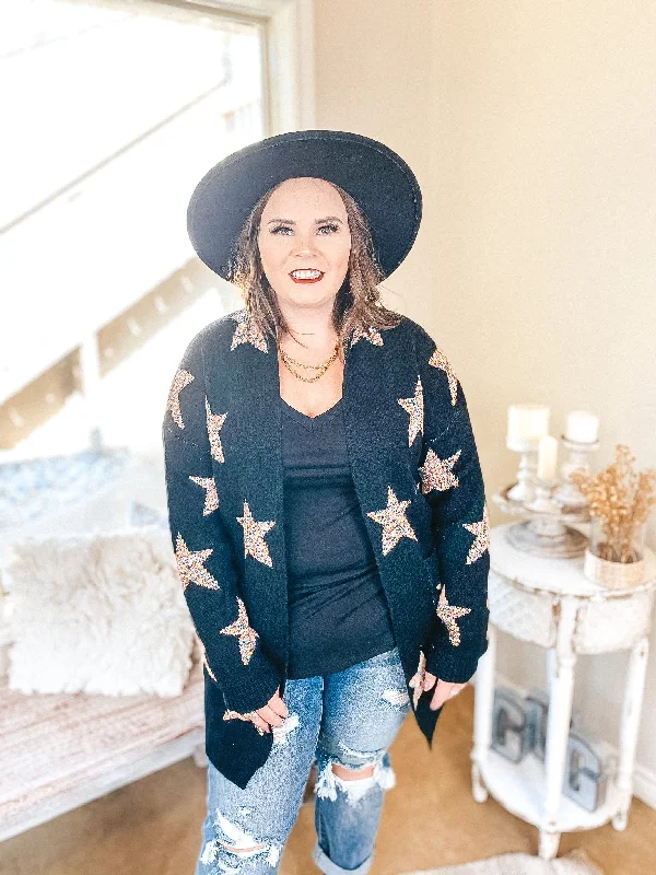 Cozy Constellations Multi-Color Star Print Cardigan with Pockets in Black