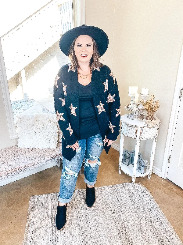 Cozy Constellations Multi-Color Star Print Cardigan with Pockets in Black