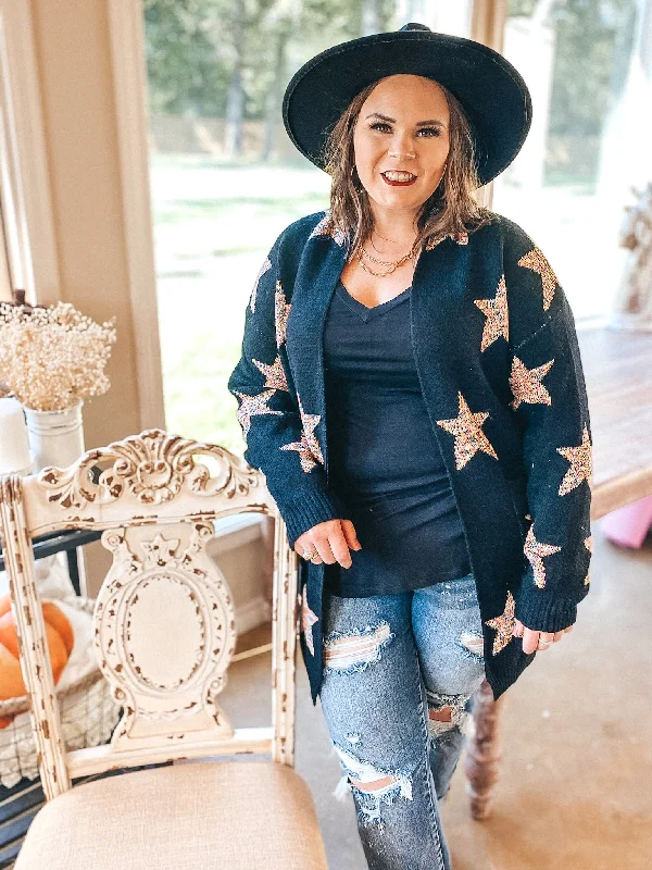 Cozy Constellations Multi-Color Star Print Cardigan with Pockets in Black