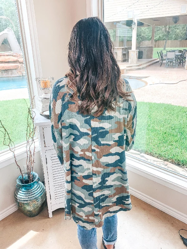 Last Chance Size Small | Don't Wait Up 3/4 Sleeve Open Front Cardigan in Camouflage