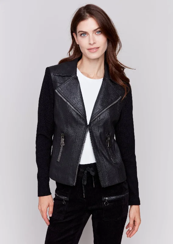 Charlie B -Vintage Faux Leather and Rib Knit Jacket