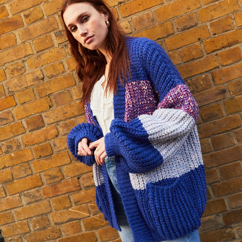 Janie Oversized Chunky Stripe Knit Cardigan - Cobalt Blue