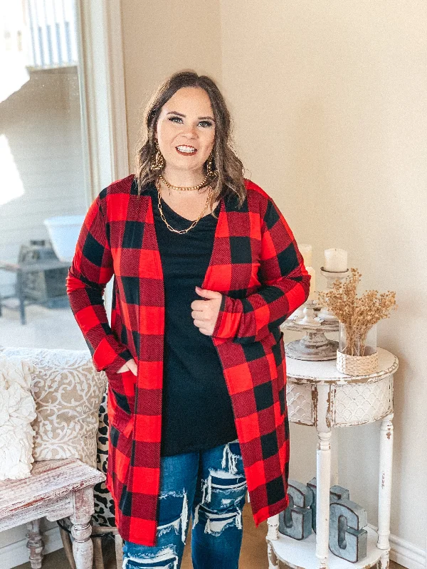 Call You Mine Buffalo Plaid Long Sleeve Cardigan with Pockets in Red