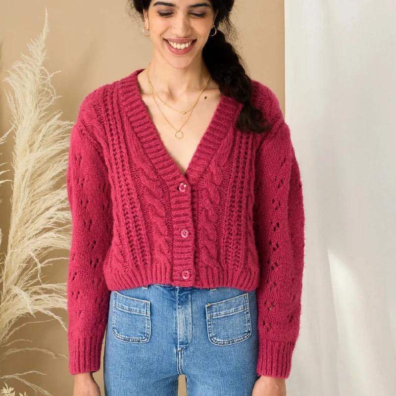 Rocky Cable Cropped Cardigan - Hot Pink