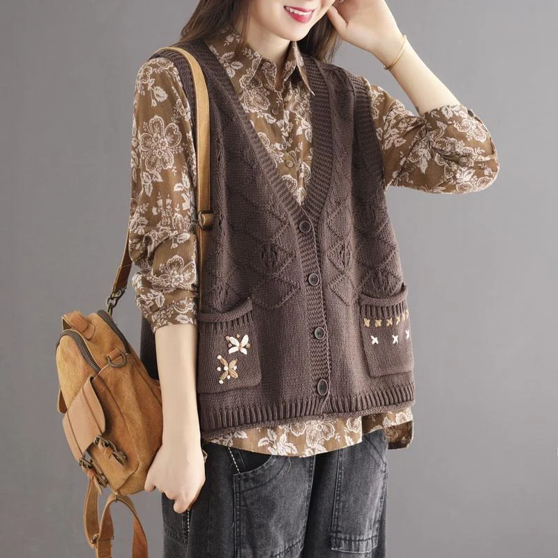 Autumn Retro Hollow Loose Cotton Knitted Vest