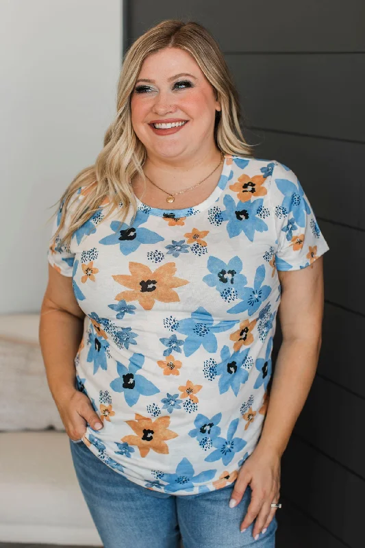 Love This Feeling Floral Top- Ivory & Blue