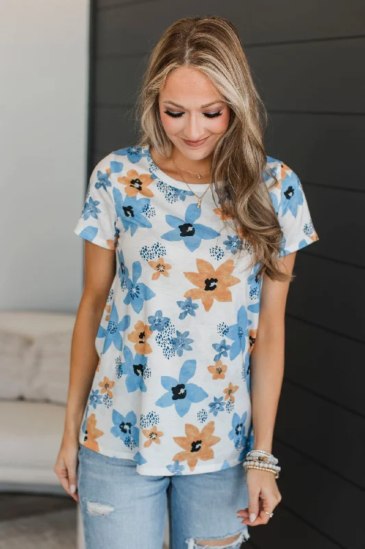 Love This Feeling Floral Top- Ivory & Blue