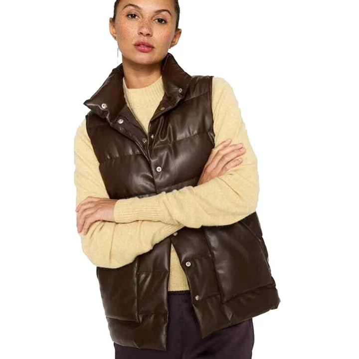 New Women Chocolate Brown Leather Down Puffer Vest