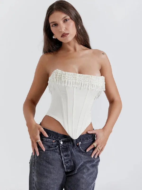 Pearl Tassel Sexy Crop Tops Women Off-shoulder Backless Fashion Tank Top