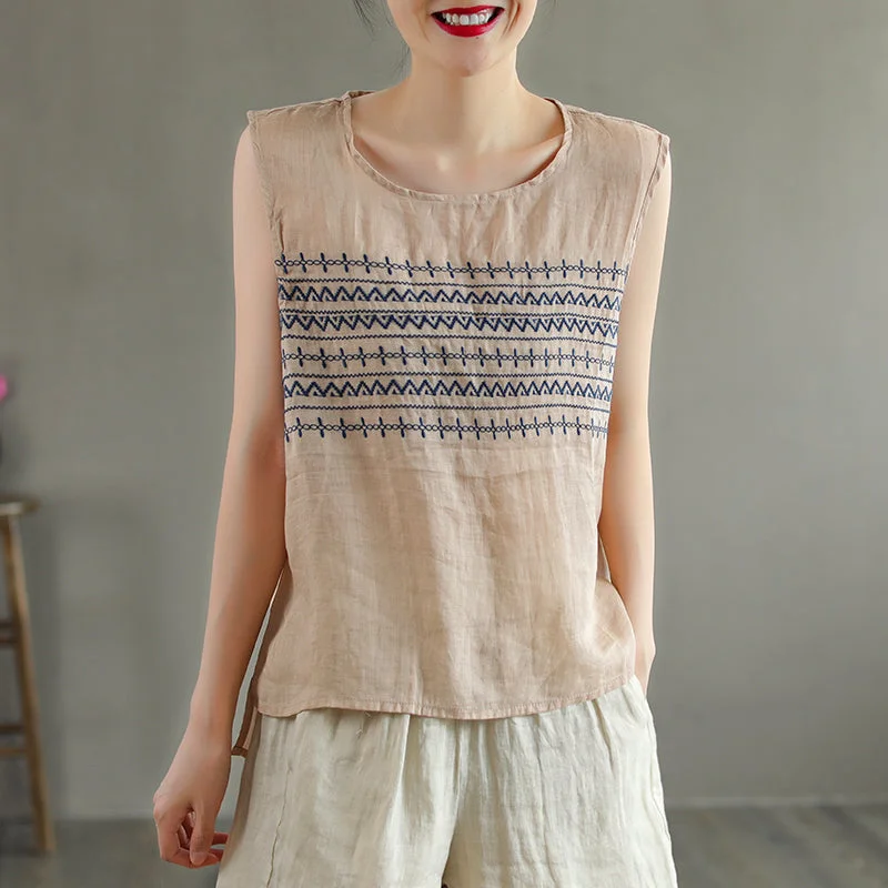 Summer Retro Embroidery Loose Thin Linen Vest For Women