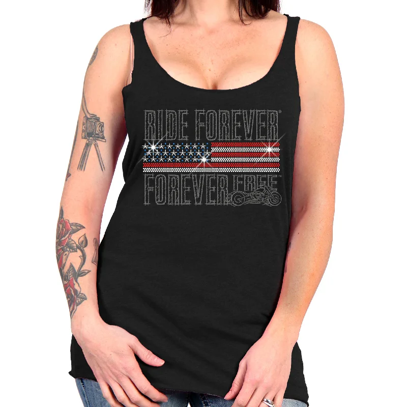 Hot Leathers GLC2443 Ladies 'Ride Forever, Forever Free' US Flag with Bling Black Tank Top