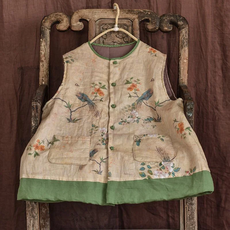 Winter Spring Retro Cotton Padded Floral Linen Vest