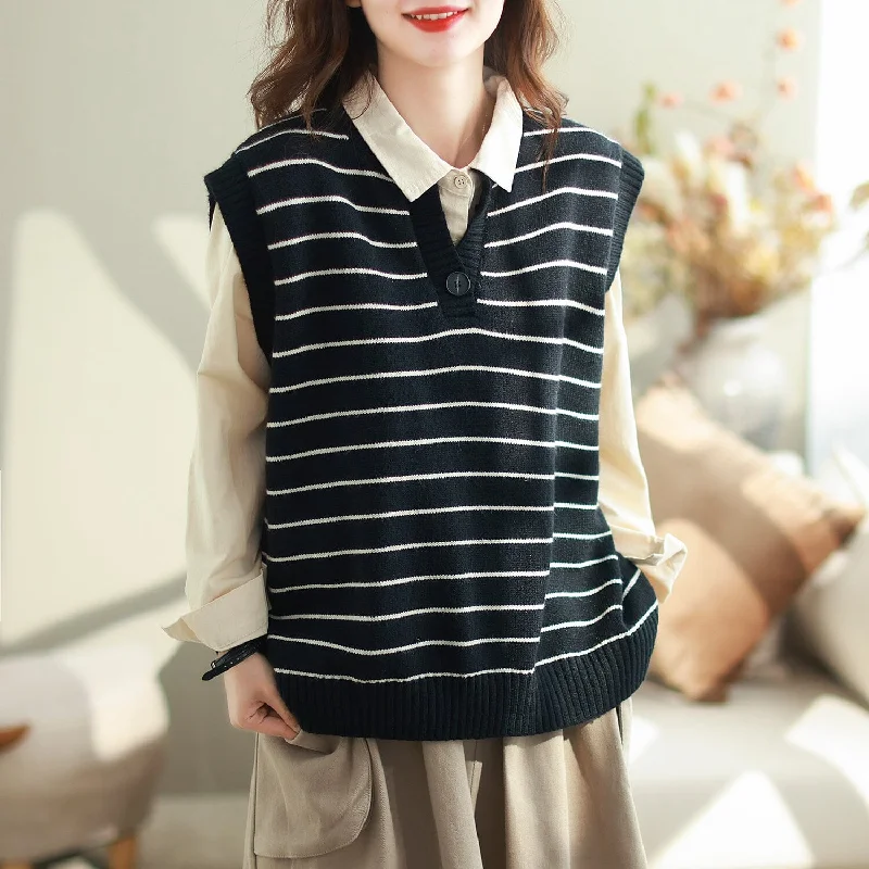 Women Autumn Casual Stripe Cotton Knitted Vest