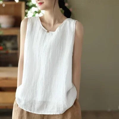 Women Summer Retro Pleated Linen Vest