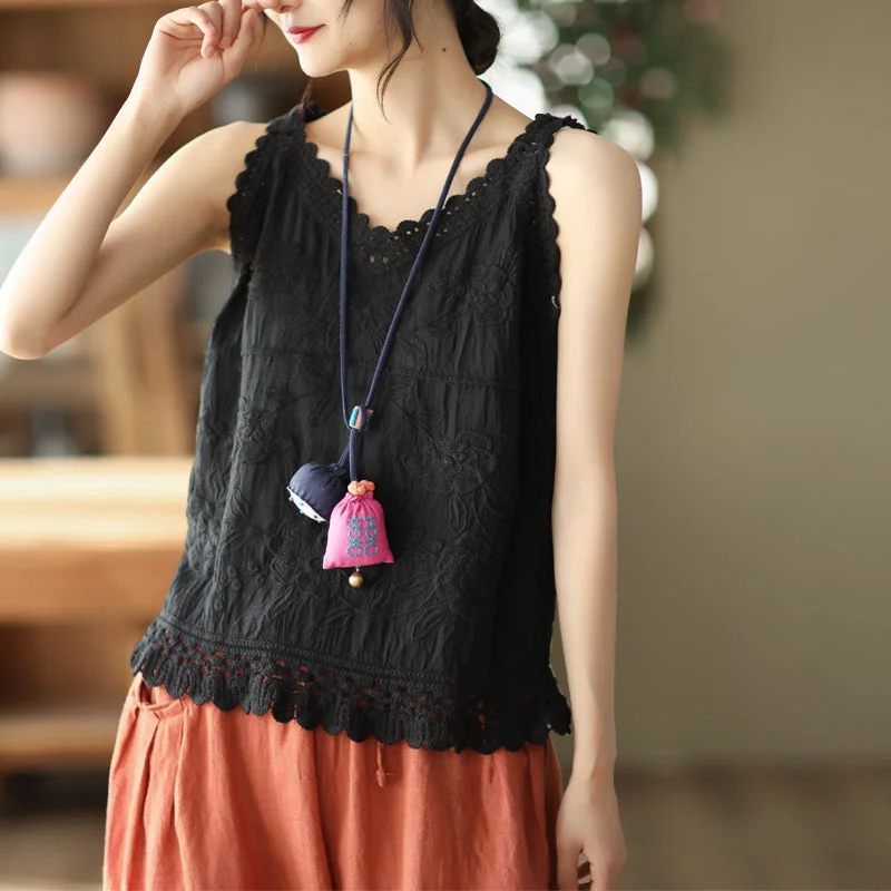 Women Vintage Floral Embroidery Hollow Trim Summer Vest