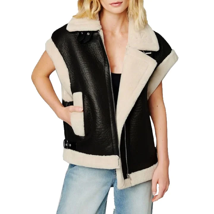 Women’s Black Leather Oversized Shearling Biker Vest