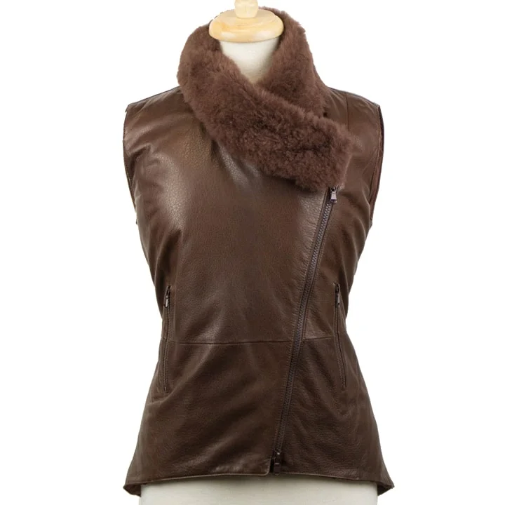 Women's Brown Leather Vest with Fur Collar