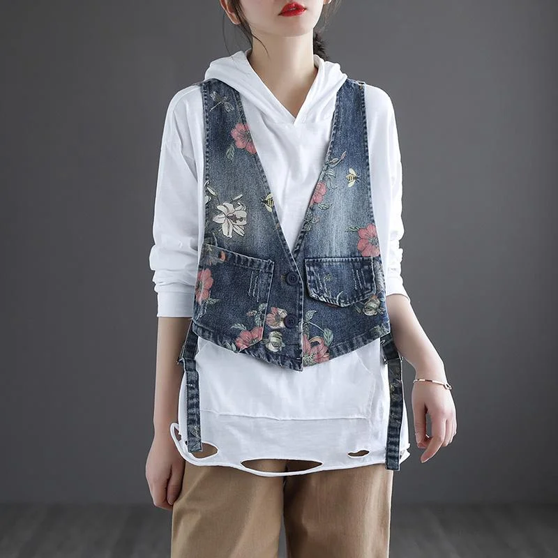 Women's Retro Printed Denim Vest