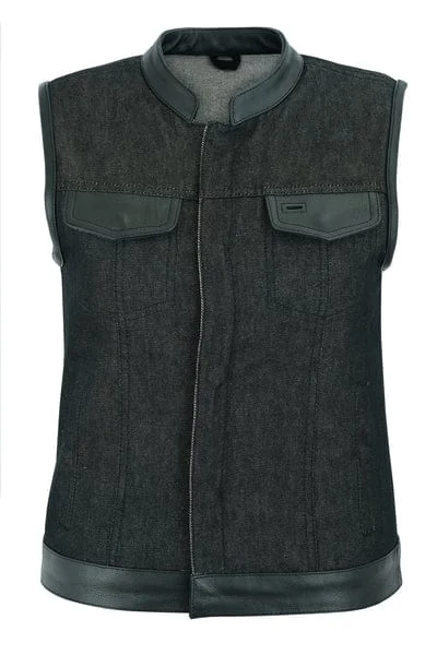 Women's Rough Rub-Off Raw Finish Denim Vest W/Leather Trim