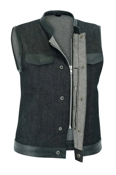 Women's Rough Rub-Off Raw Finish Denim Vest W/Leather Trim