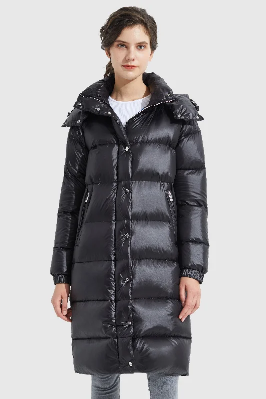 Shiny Black Long Hooded Down Coat