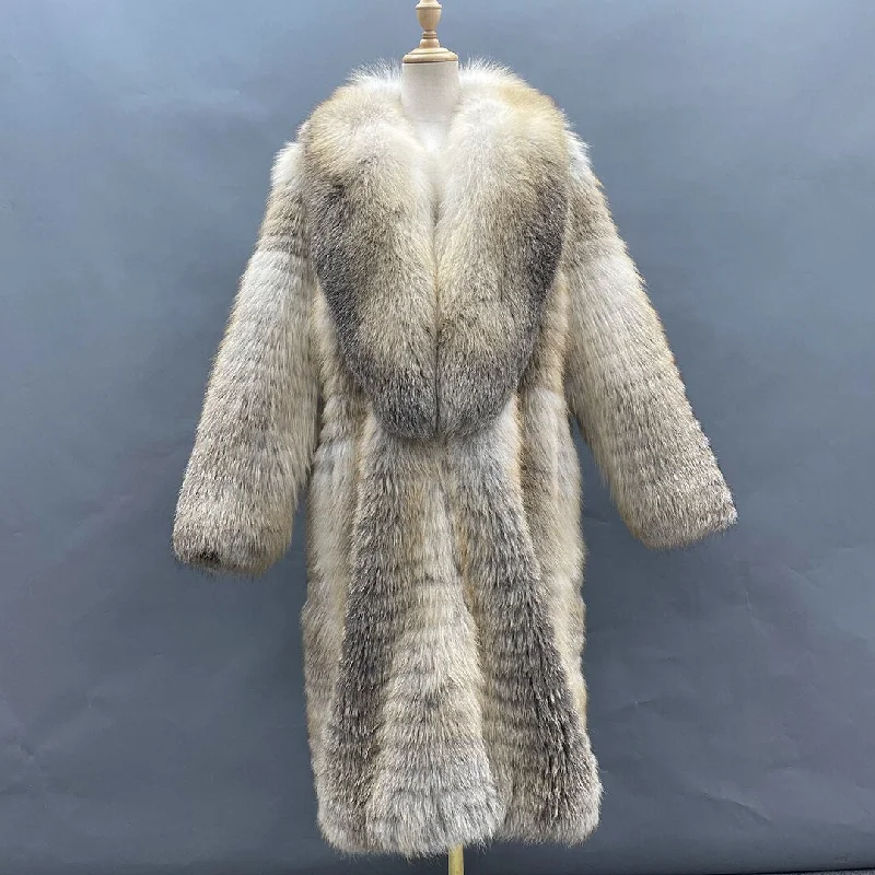 Big Fur Collar Real Fox Fur Over the Knee Coats