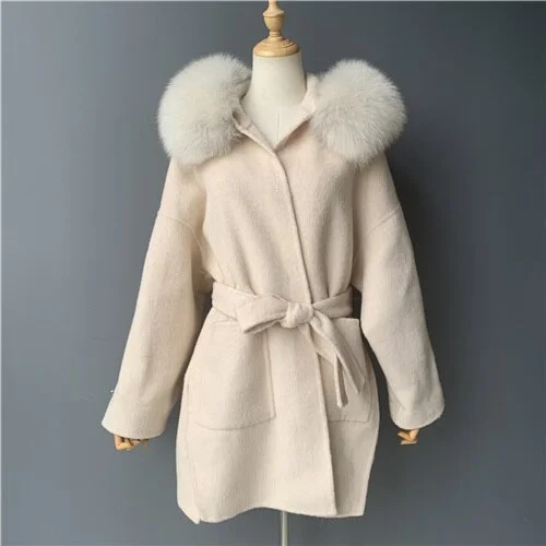 Cashmere Pea Coats Real Fur Hoodie & Cuffs