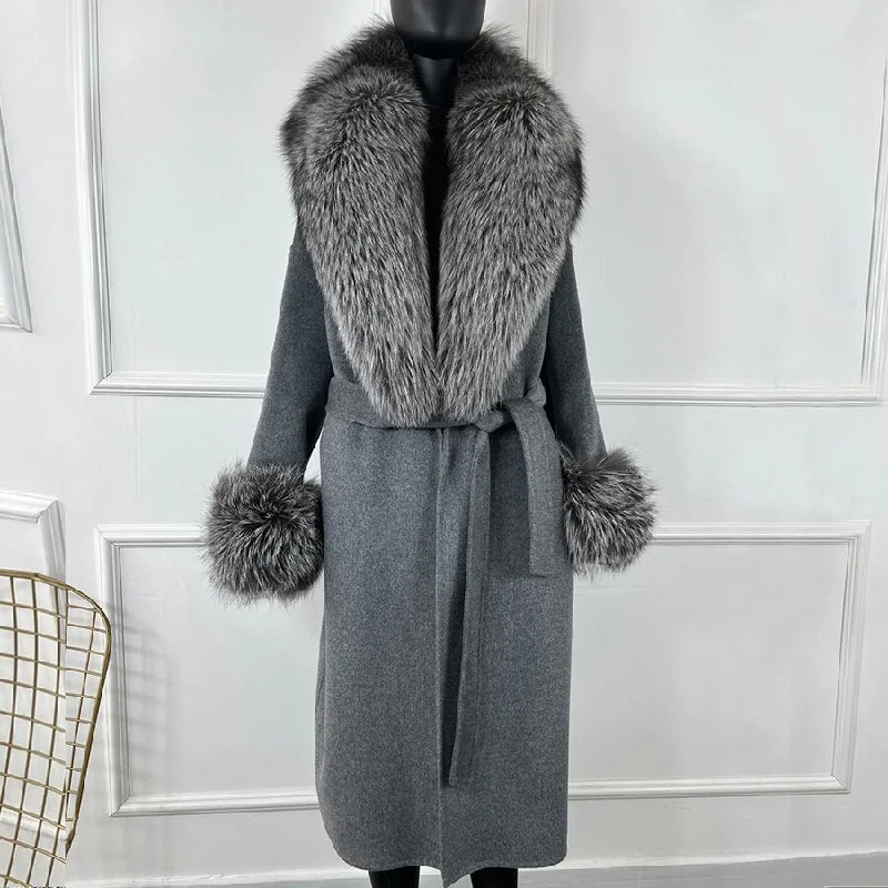 Cashmere Wool Long Coats Natural Fur Collar & Cuffs