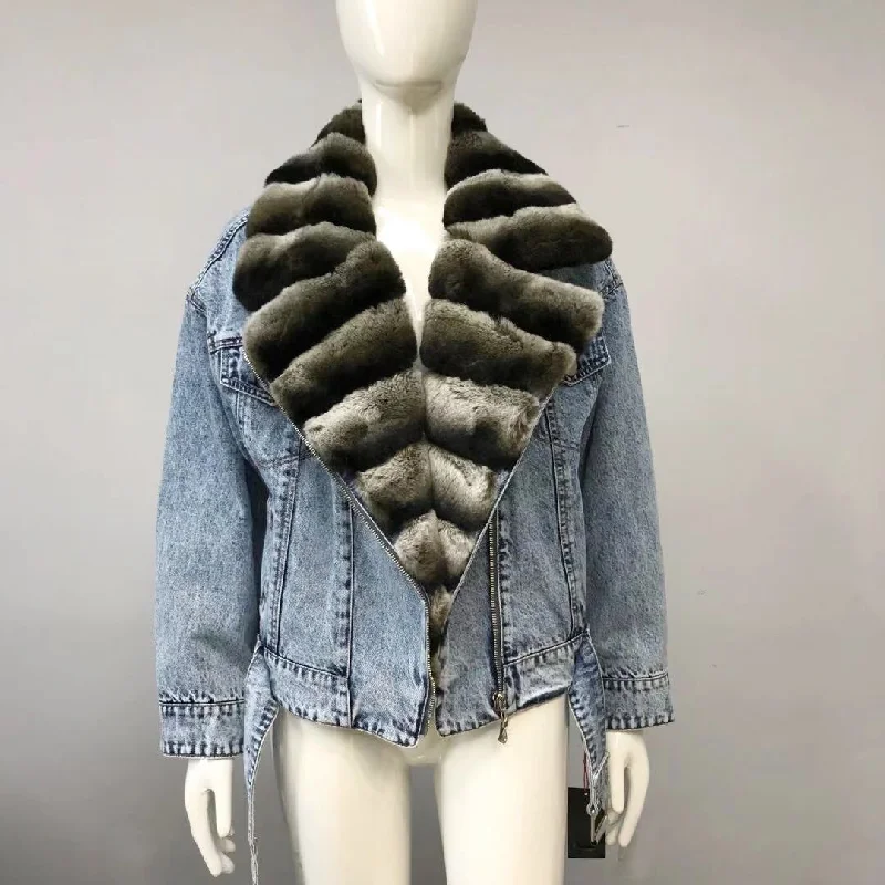 Denim Jackets Real Fur Collar Chinchilla Style