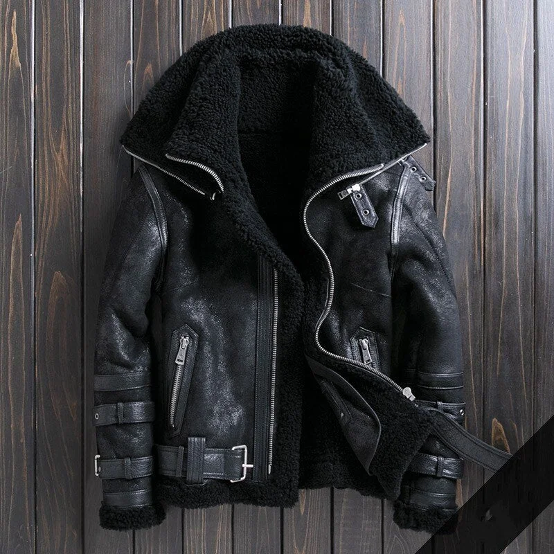 Double Collar Genuine Leather Coats Real Fur Shearling