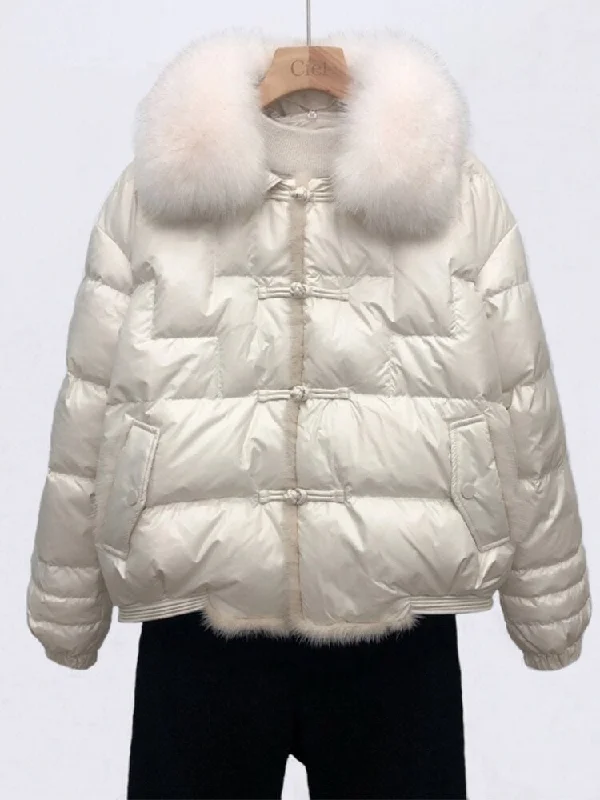 Duck Down Short Puffer Coats Real Fur Collar & Trim