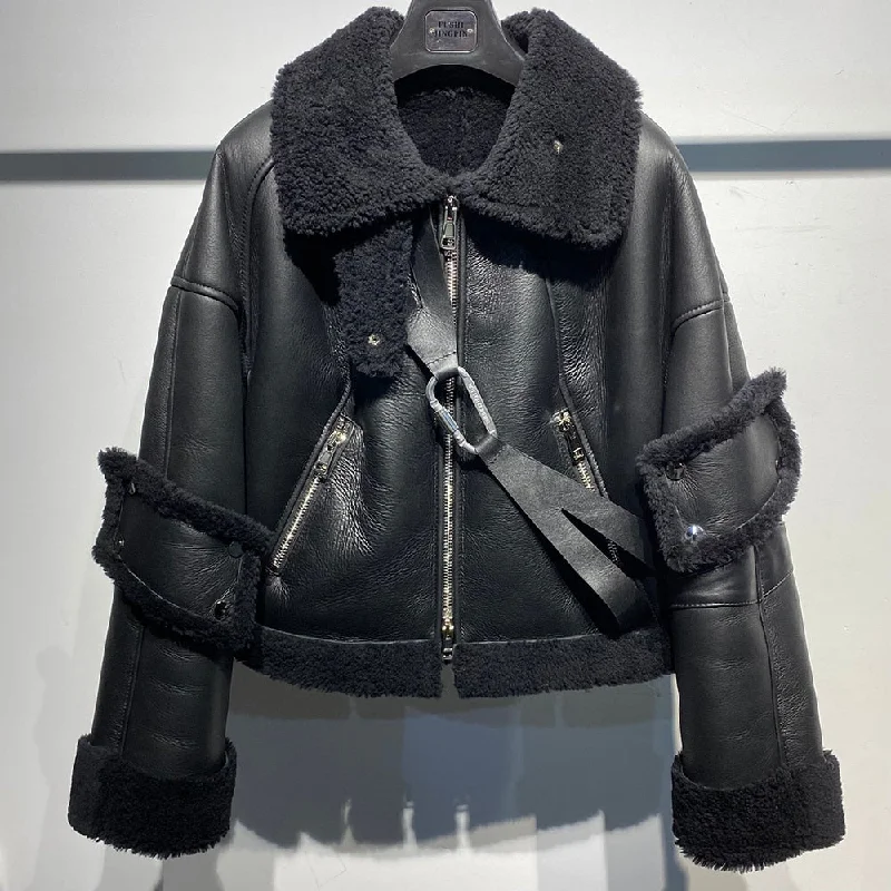 Genuine Leather Moto Jacket Real Shearling Fur High Collar