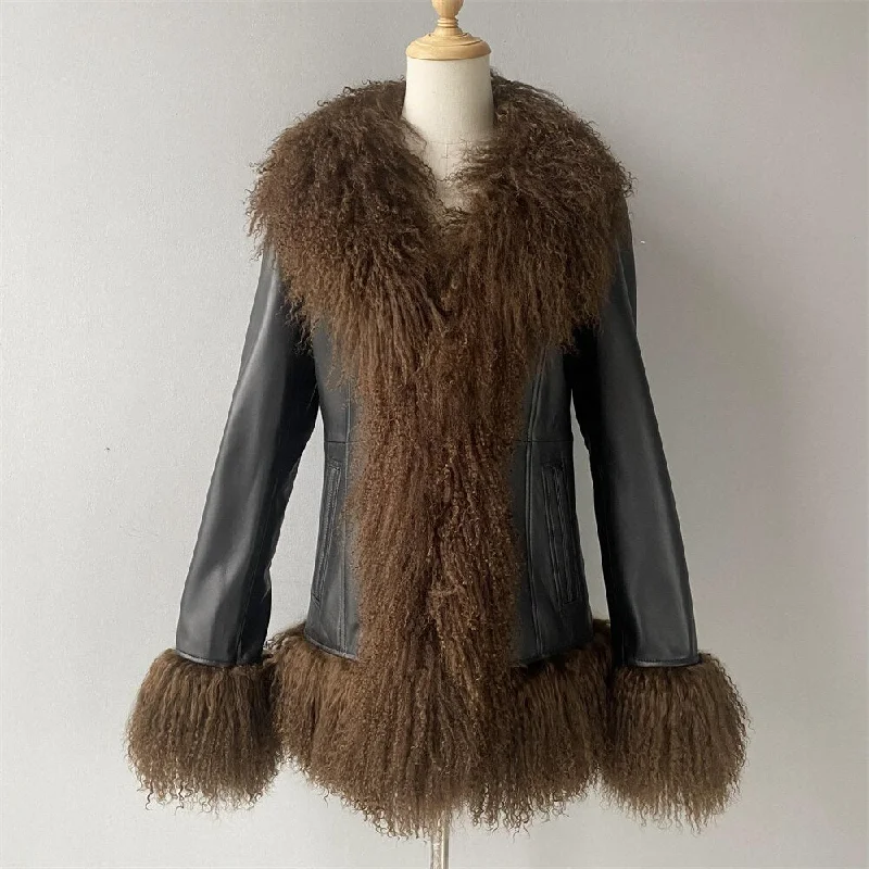 Genuine Leather Real Mongolia Fur Collar, Trim & Cuffs