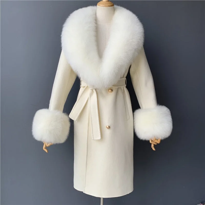 Long Cashmere Pea Coats Big Real Fur Collar & Cuffs