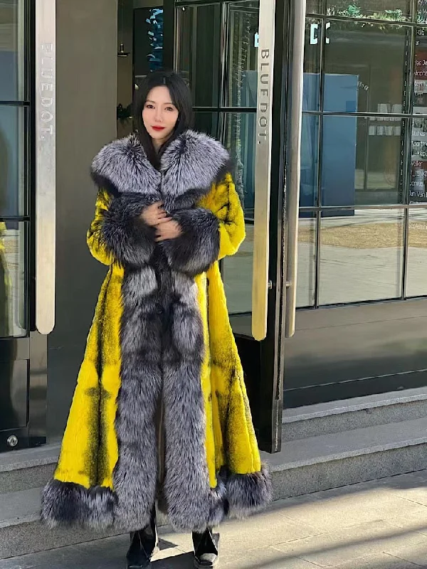 Luxury Real Rabbit Fur X-Long Coats Real Fur Lapel Collar