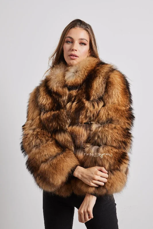 Natural Raccoon Fur 5 Ring Coat with Collar