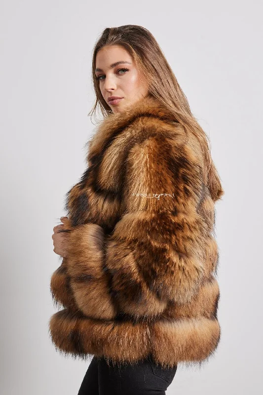 Natural Raccoon Fur 5 Ring Coat with Collar