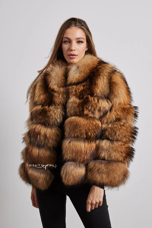 Natural Raccoon Fur 5 Ring Coat with Collar