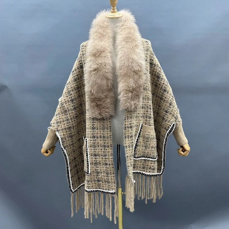 Real Fur Plaid Wool Tassel Ponchos