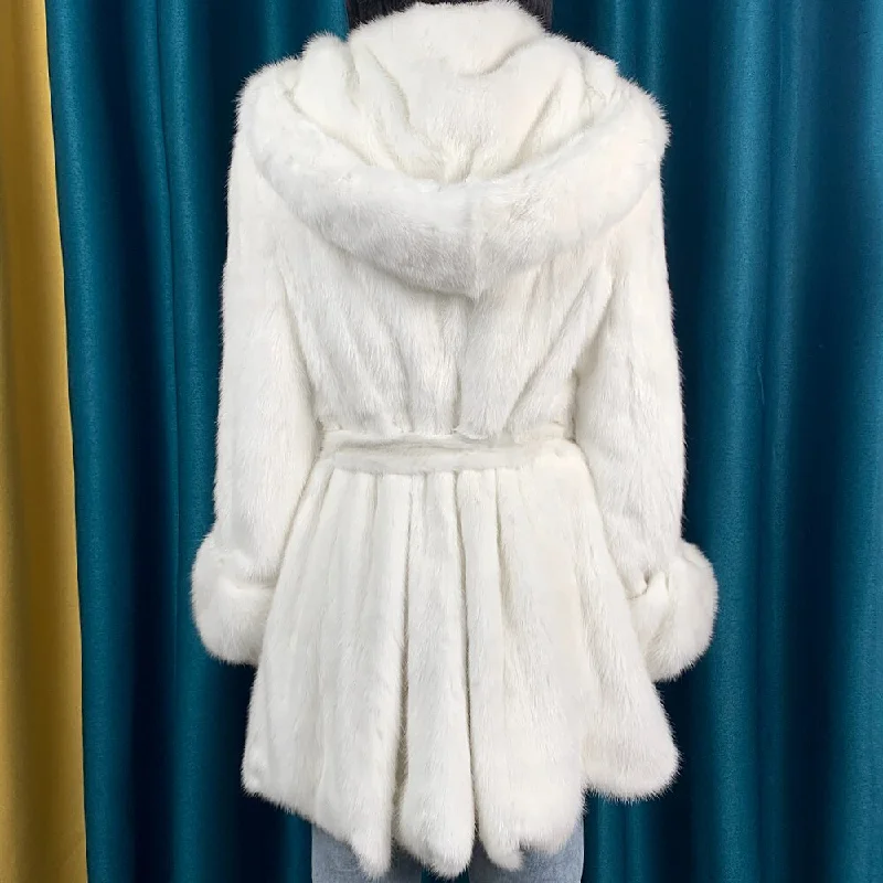 Real Mink Fur Coat With Big Hood Skirt Coats