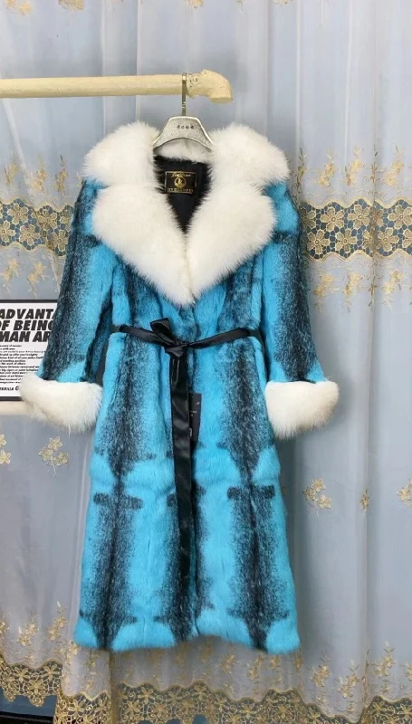 Real Rabbit Fur Coats X-long Real Fox Fur Collar & Cuffs